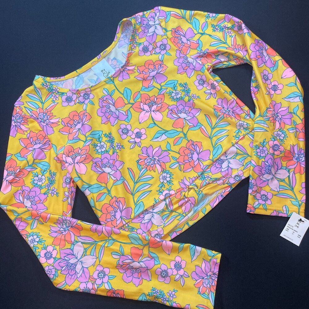 ~ NEW XL 14 Swim Top Crop Long Sleeve Tropical Girls Floral Multicolor Rashguard